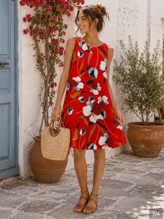 Sigrid Olsen Dresses & Skirts - Sigrid Olsen Orange red tropical Island Floral 100% Linen dress knee high sizeXL